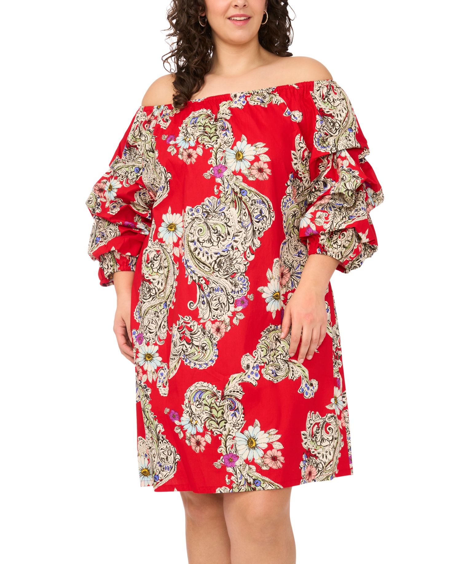 Plus Size Printed Cotton Off-The-Shoulder Dress