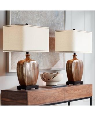 Julius Modern Table Lamps 27" Tall Set of 2 Ceramic Copper Drip Rectangular Fabric Shade for Bedroom Living Room Bedside Office