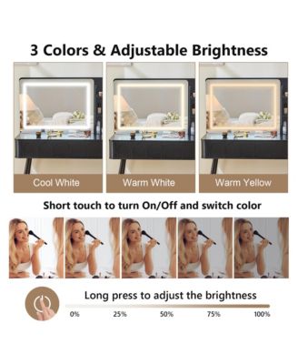 Modern Makeup Vanity Desk - 4 Drawer Dressing Table Set with Cushioned Stool, LED Lighted Mirror for Bedroom