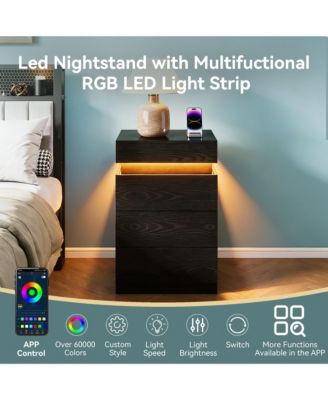 Nightstand with Built-In Charging Station and LED Lighting, Modern Wooden End Side Table with 3-Drawer and Sliding-Top for Bedroom