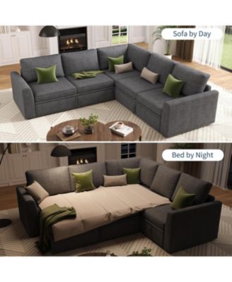 Sectional Sleeper Sofa, Corduroy Couch with Pull-Out Bed and Storage, Tool-Free Assembly