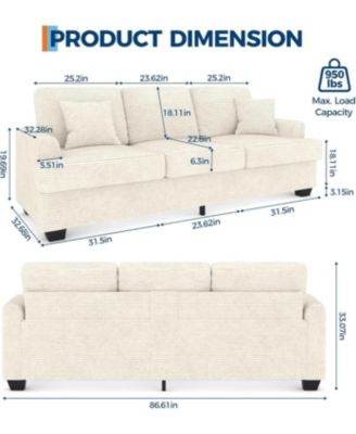 86" Corduroy Sofa, Modern Deep Seat Couch with Pillows and Removable Cover