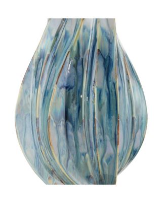 Teresa Modern Coastal Table Lamp with Round Riser 32 1/2" Tall Teal  Drip Ceramic Drum Shade for Bedroom Living Room