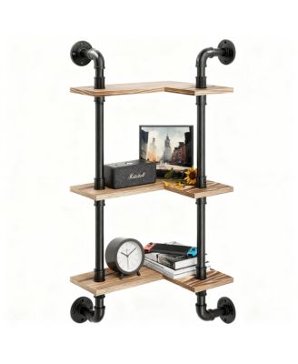 Industrial Pipe Shelving Pine Wood Floating Bathroom Shelves Wall Mounted L Shaped Corner Shelf