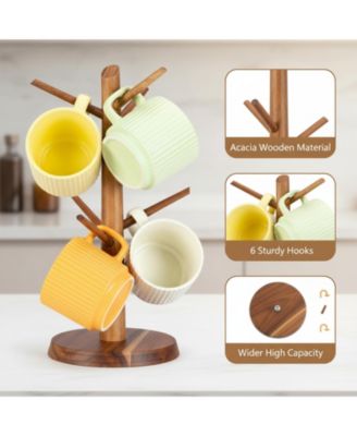 Premium Wood Mug Tree Marble Base 6 Hooks Counter Organizer