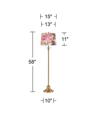 Dyna Traditional Tall 2-Light Standing Floor Lamp Pole Pull Chain Antique Brass Finish Floral Velvet Shade