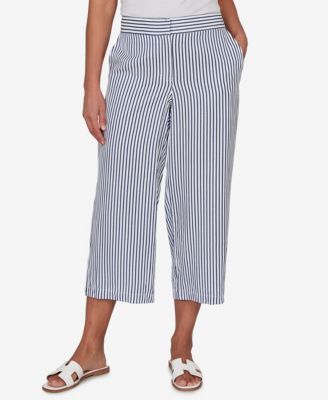 Petite Striped Seersucker Fly-Front Capri Pants