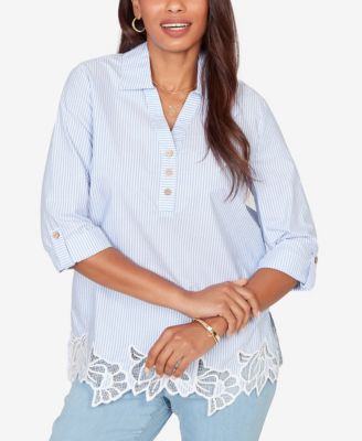 Petite Coastal Stripe Lace-Hem Henley Top