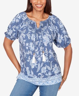Petite Smocked Floral Clip Dot Top