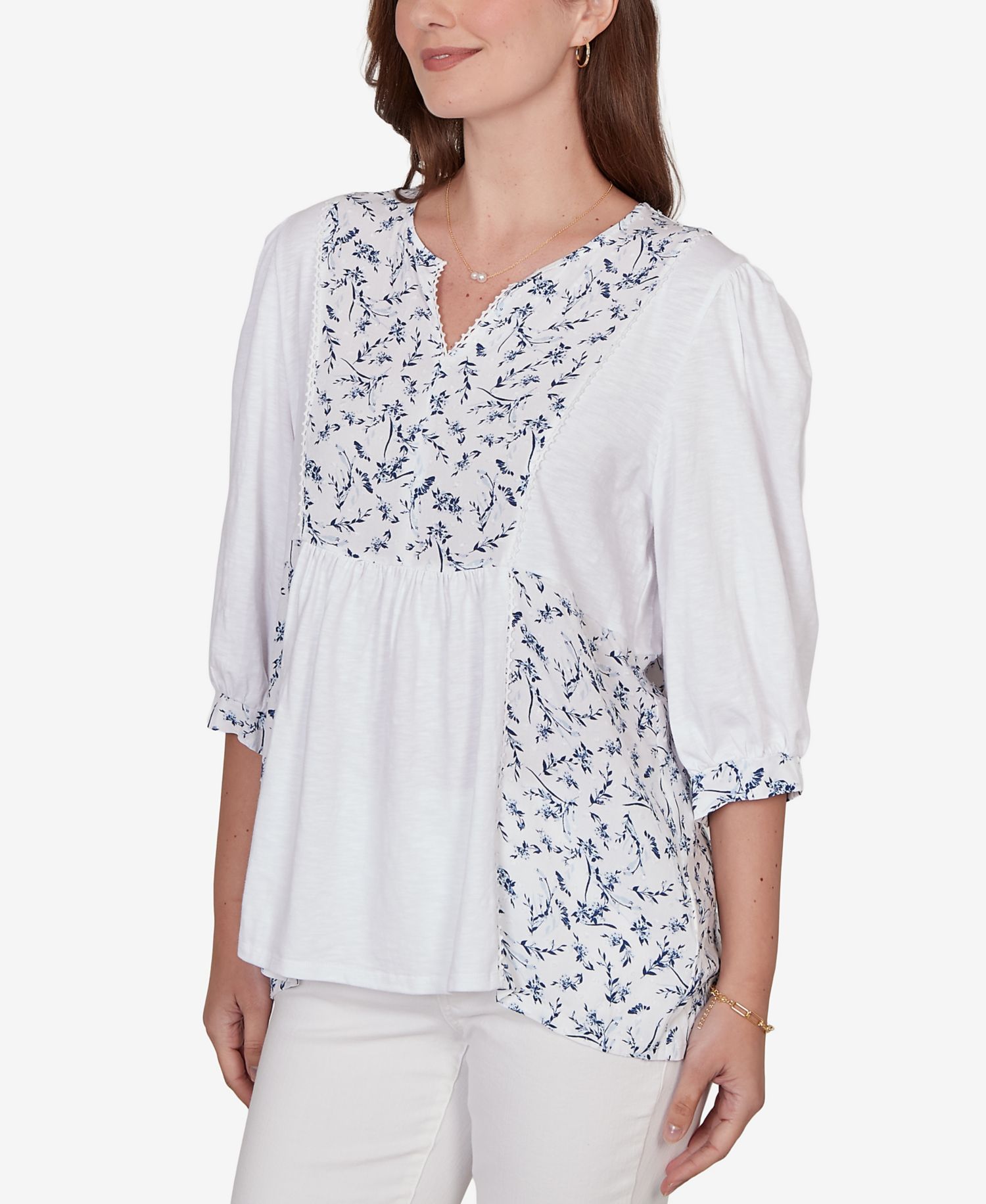 Petite Mixed Fabric Sharkbite Knit Top