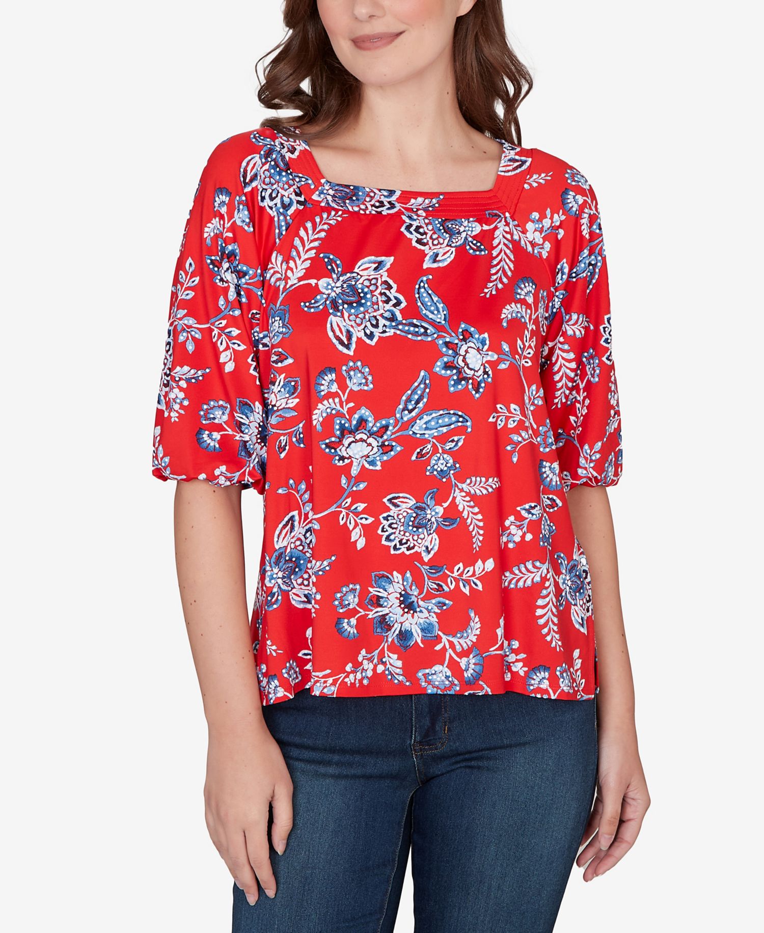 Petite Square Neck Floral Puff Print Top
