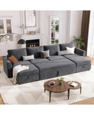 Sectional Sleeper Sofa with Pull-Out Bed, Chenille Modular Couch with Storage and 2 Ottomans