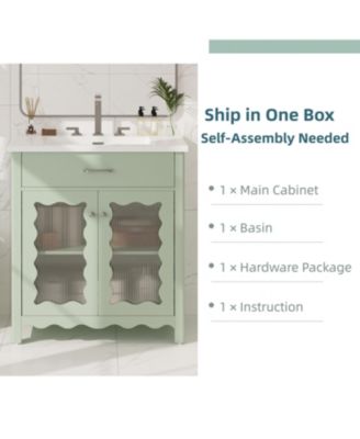 30" Bathroom Vanity with Tempered Glass, Modern Cabinet with Rubber Wood Legs and Soft-Close Doors