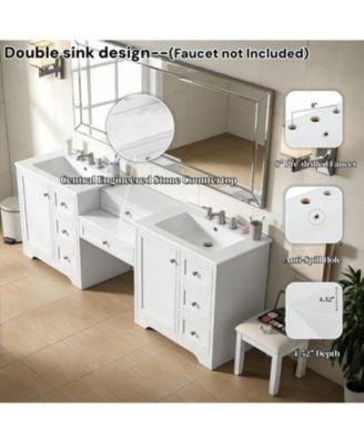 Double-Sink Bathroom Vanity, 2 Ceramic Sinks with Engineered Stone Countertop, Silver Knobs, 6 Soft-Close Drawers