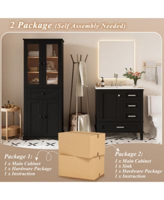 Bathroom Storage Cabinet and Vanity Sink Combo with Glass Doors, Drawer and Adjustable Shelves