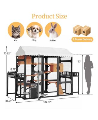 Large Wooden Outdoor Cat Enclosure with Plant Stands Multi Level Playpen Weather Resistant Roof Climbing Ramp