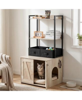 Hidden Cat Litter Box Enclosure Furniture with 2 Shelves and 2 Baskets Modern Pet Cabinet
