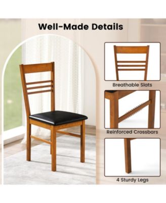 Set of 2 Slatted-Back Dining Chairs with PU Leather Cushion and Rubber Wood Frame