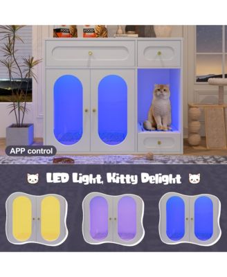 Cat Litter Box Enclosure with LED Light, Storage Drawers and Acrylic Doors