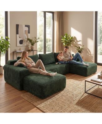 3-Piece U-Shaped Sectional Sofa Set With Pillows, Corduroy Convertible Couch