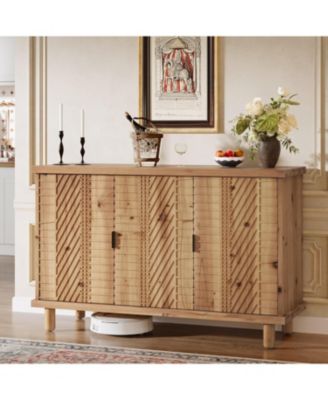Solid Wood Buffet Cabinet with Storage, Farmhouse Sideboard Cabinet with 3 Doors and 2 Adjustable Shelves, Mid Century Modern Sideboard