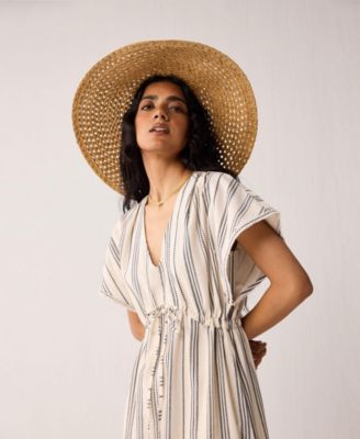 Women's Maxi Gathered Dress with Side Slits in Stripes