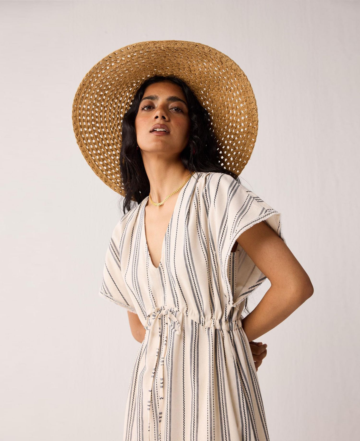 Women's Maxi Gathered Dress with Side Slits in Stripes