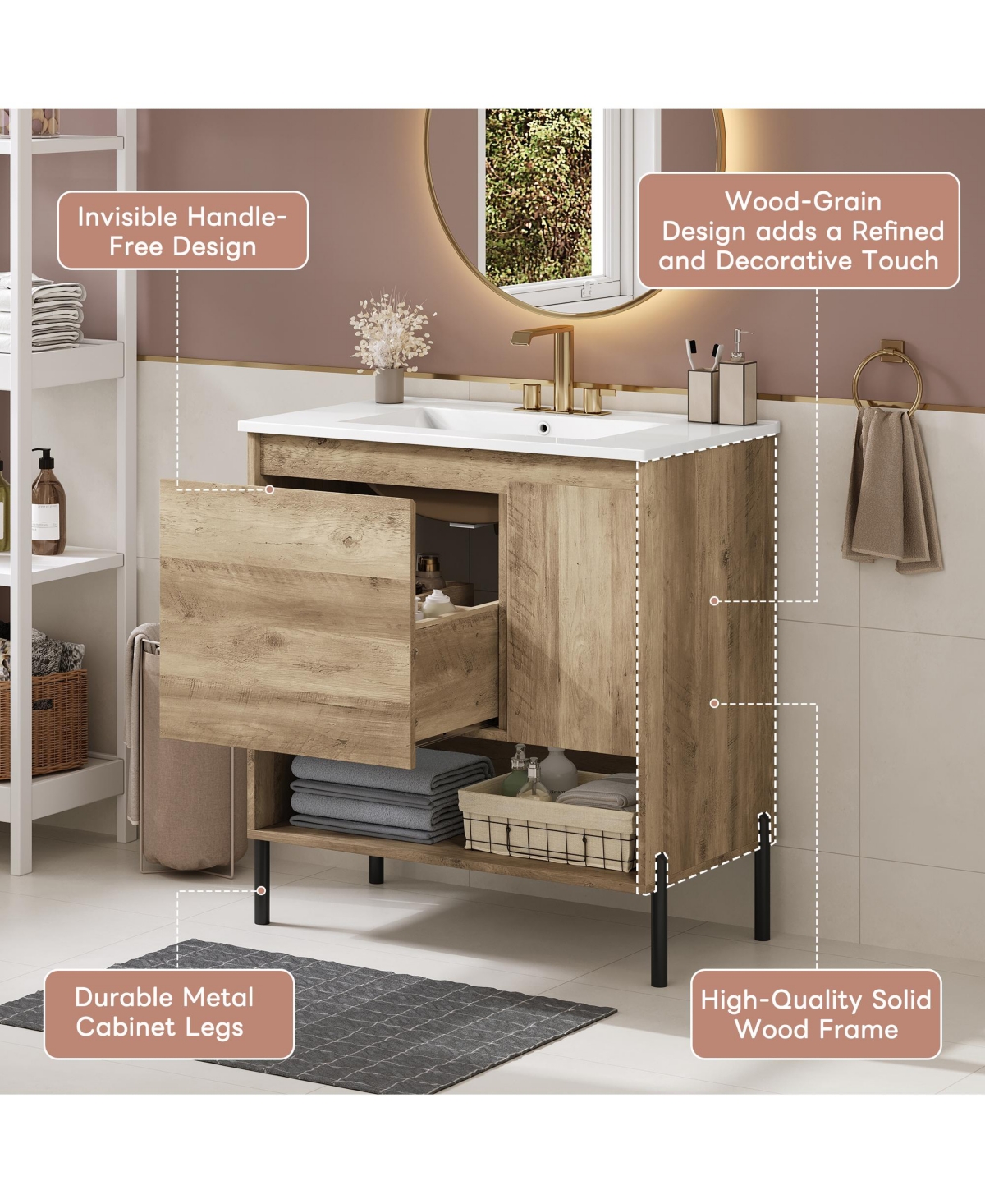 Busdays Modern Bathroom Vanity with Ceramic Sink, Storage Cabinet with Sliding Drawer and Open Shelf