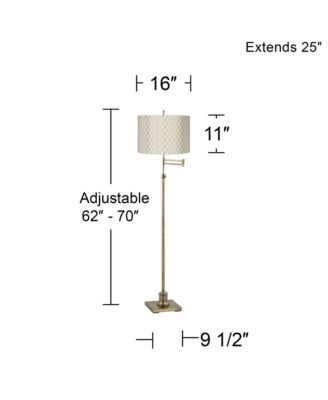 Swing Arm Floor Lamp Adjustable Height 70" Tall Antique Brass Embroidered Hourglass Fabric Drum Shade Living Room