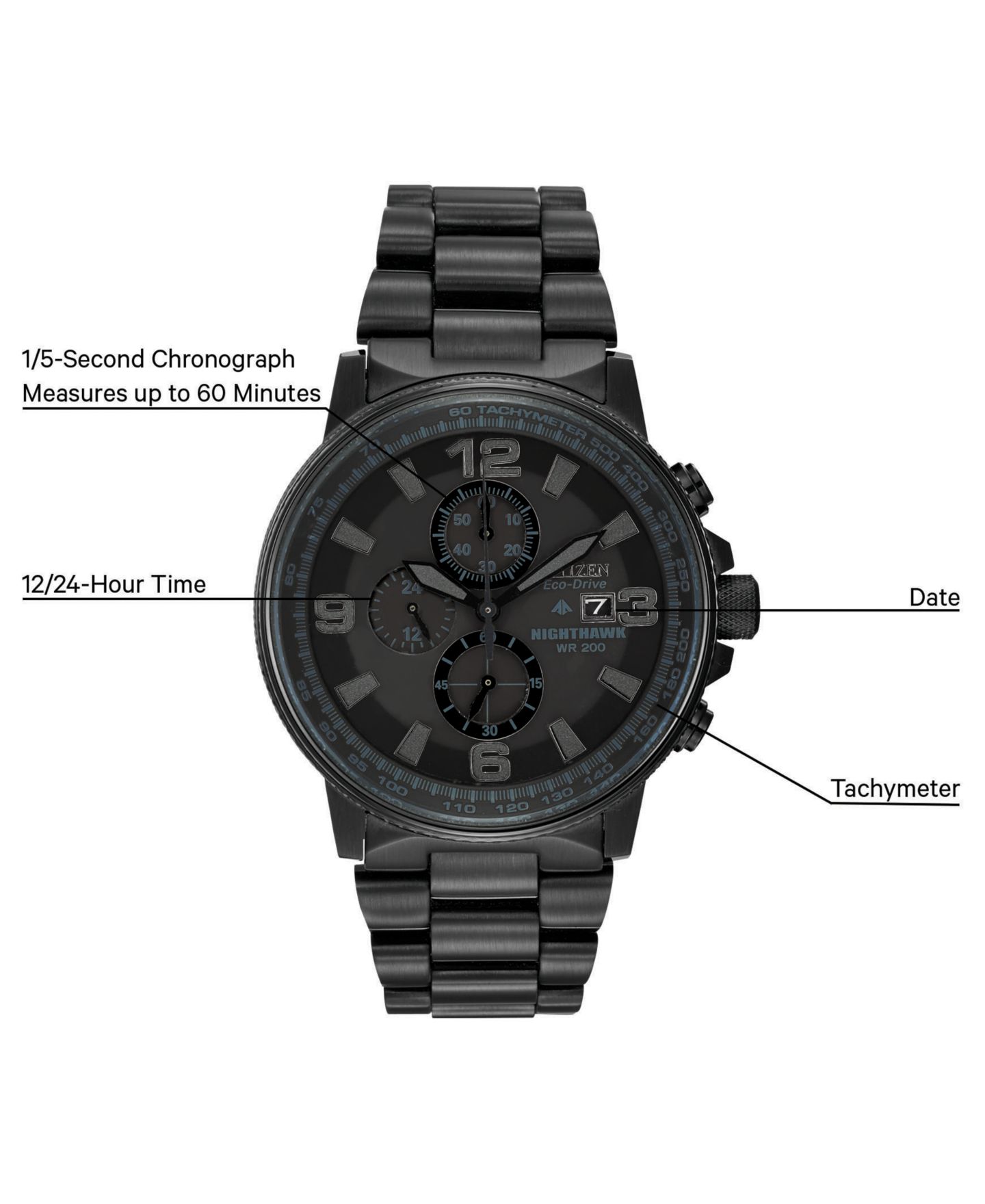 Мужские часы Citizen Chronograph Eco-Drive Nighthawk Black Ion Plated Stainless Steel Bracelet Watch 43mm CA0295-58E — фото 2