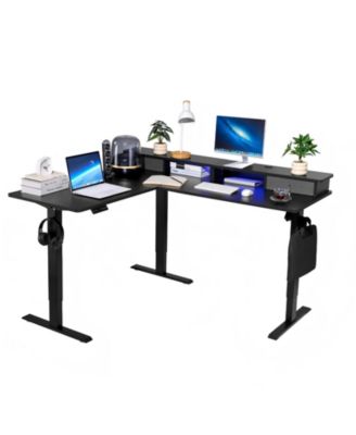 L Shaped Electric Standing Desk 63 x 55 in, Adjustable Height Corner Desk with LED Light Strip and Power Strip