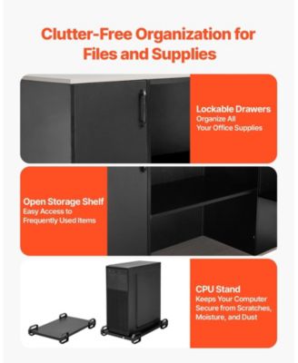 L-Shaped Executive Desk with Drawers and Storage Cabinet, 71 x 53 in Office Table with CPU Stand, 350 lbs