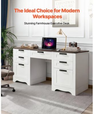 60 in Farmhouse Executive Desk with Charging Station, Office Table with Storage Drawers and Keyboard Tray, Walnut