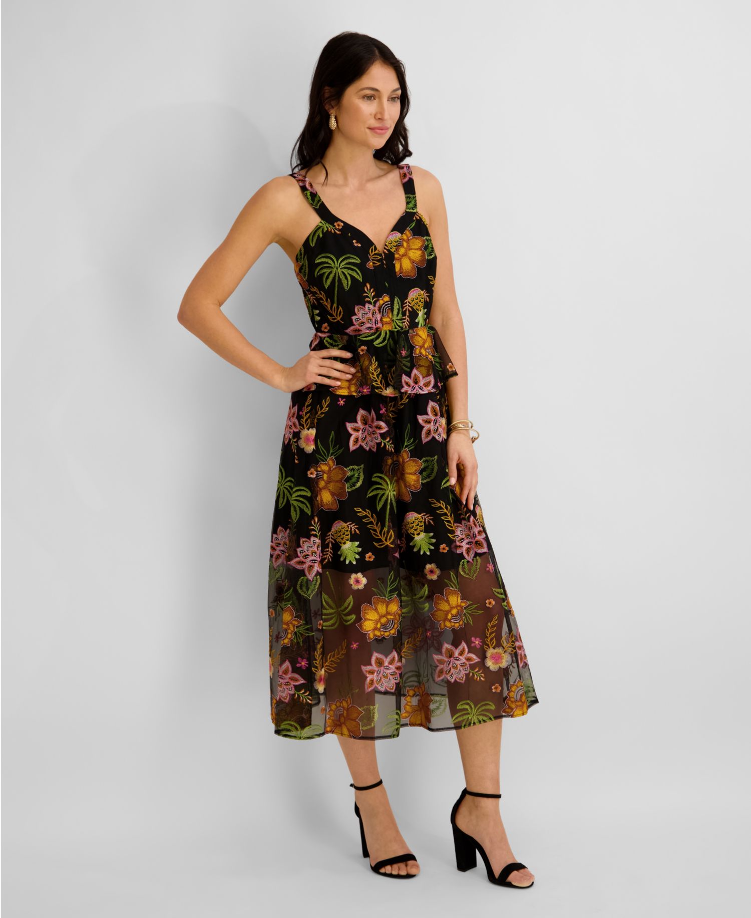 Women's Embroidered Mesh V-Neck Midi Dress