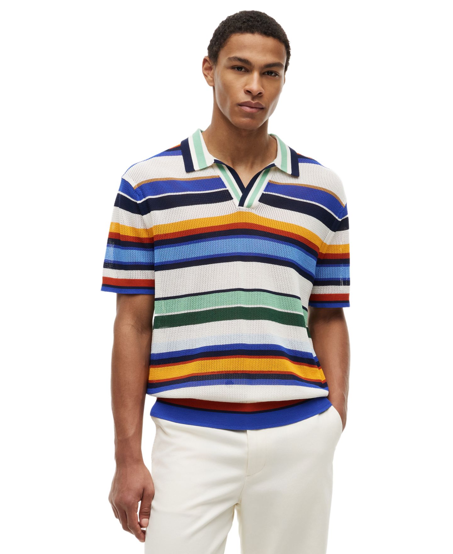 Мужское поло Tommy Hilfiger Multi-Stripe Johnny Collar Short-Sleeve Knit Polo Shirt, цвет: Синий / Разноцветный — фото 1