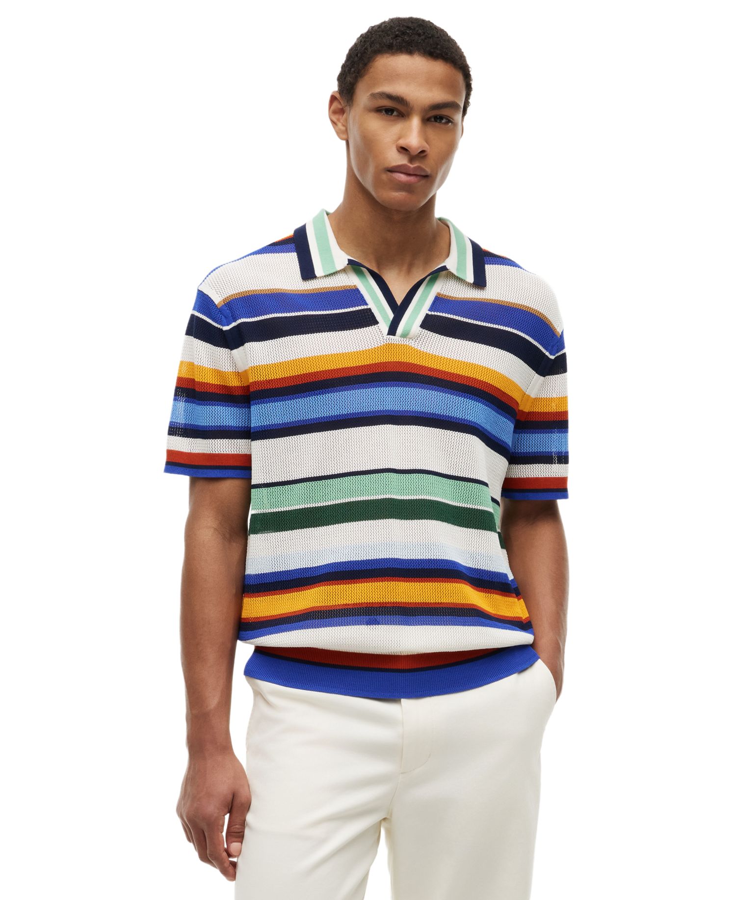 Men's Multi-Stripe Johnny Collar Short-Sleeve Knit Polo Shirt