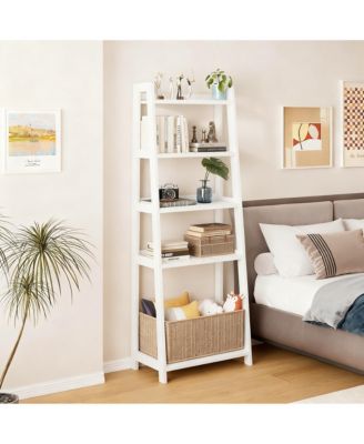 Ladder Shelf 4-Tier Bookshelf with Storage Basket Bamboo Bookcase