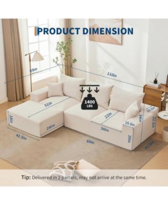 Cloud Sectional Couch with Throw Pillows- Large L-Shaped Corduroy Sofa- Left Chaise