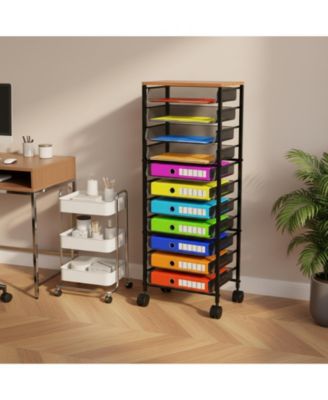 12 Tier Rolling File Cart Wood Top Metal Mesh Sliding Trays Office Home School Storage