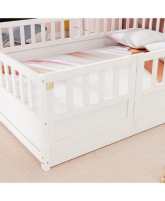 Full Size Montessori Wooden Floor Bed With High Security Barrier And Door For Kids Bedroom