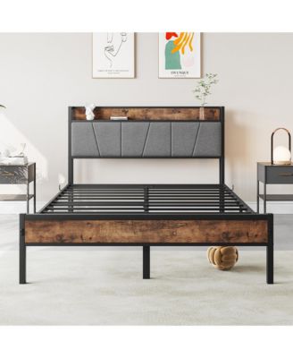 Full Size Bed Frame Storage Headboard Charging Station Vintage