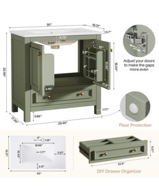 30" Bathroom Vanity with Sink, Freestanding Vanity with Solid Wood Frame, Ceramic Sink, Soft-Close Doors, Drawer & Door Organizer