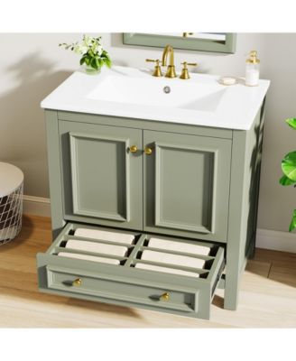 30" Bathroom Vanity with Sink, Freestanding Vanity with Solid Wood Frame, Ceramic Sink, Soft-Close Doors, Drawer & Door Organizer