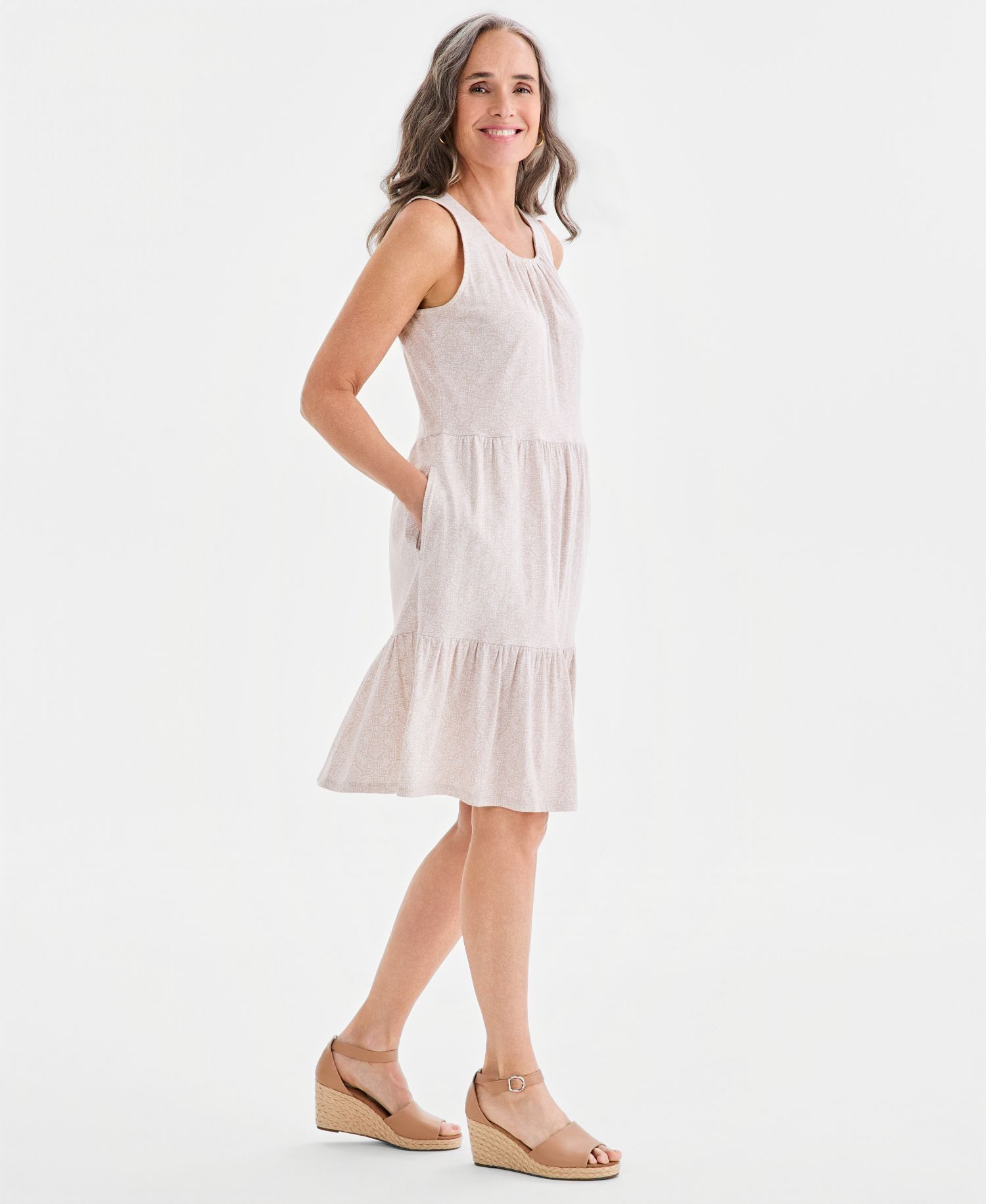 Petite Printed Round-Neck Tiered Tank Dress