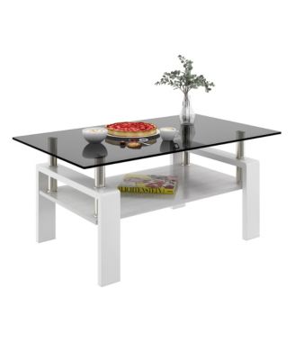 Modern 2-Tier Coffee Table, Rectangle Center Table with Tempered Glass Top, MDF Shelf and Metal Legs for Living Room and Home Office