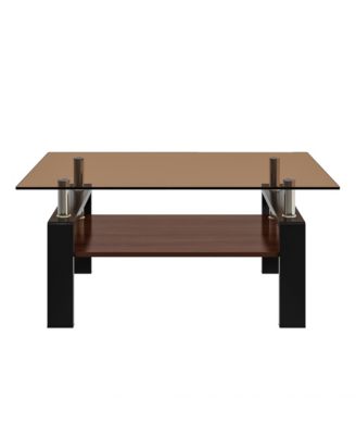 2-Tier Coffee Table, Rectangle Center Table with Tempered Glass Top, MDF Shelf and Metal Legs for Living Room, Home Office