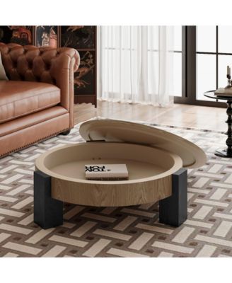 31.5'' Round Coffee Table with Hidden Storage - Wood Parquet Veneer Top Table and 3 Block Legs, Center Accent Table for Living Room