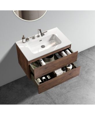 30" Modern Walnut Wall Mount Vanity With Ceramic Sink, 3-Hole Top Handle-Free Soft-Close Drawers, Pre-Assembled