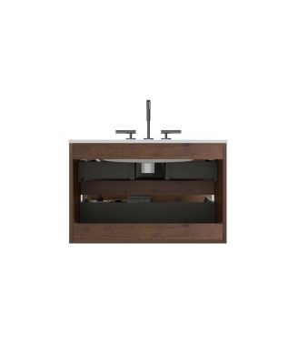 30" Modern Walnut Wall Mount Vanity With Ceramic Sink, 3-Hole Top Handle-Free Soft-Close Drawers, Pre-Assembled