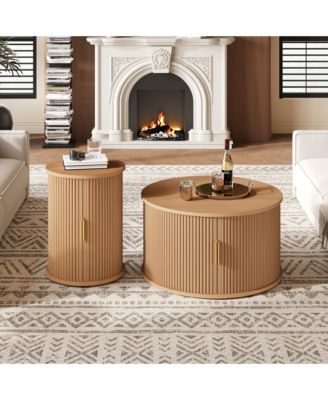 Mid-Century Coffee Table Set, Round Fluted End Table With Storage, Handle, Sliding Tambour Door, Side Table for Living Room